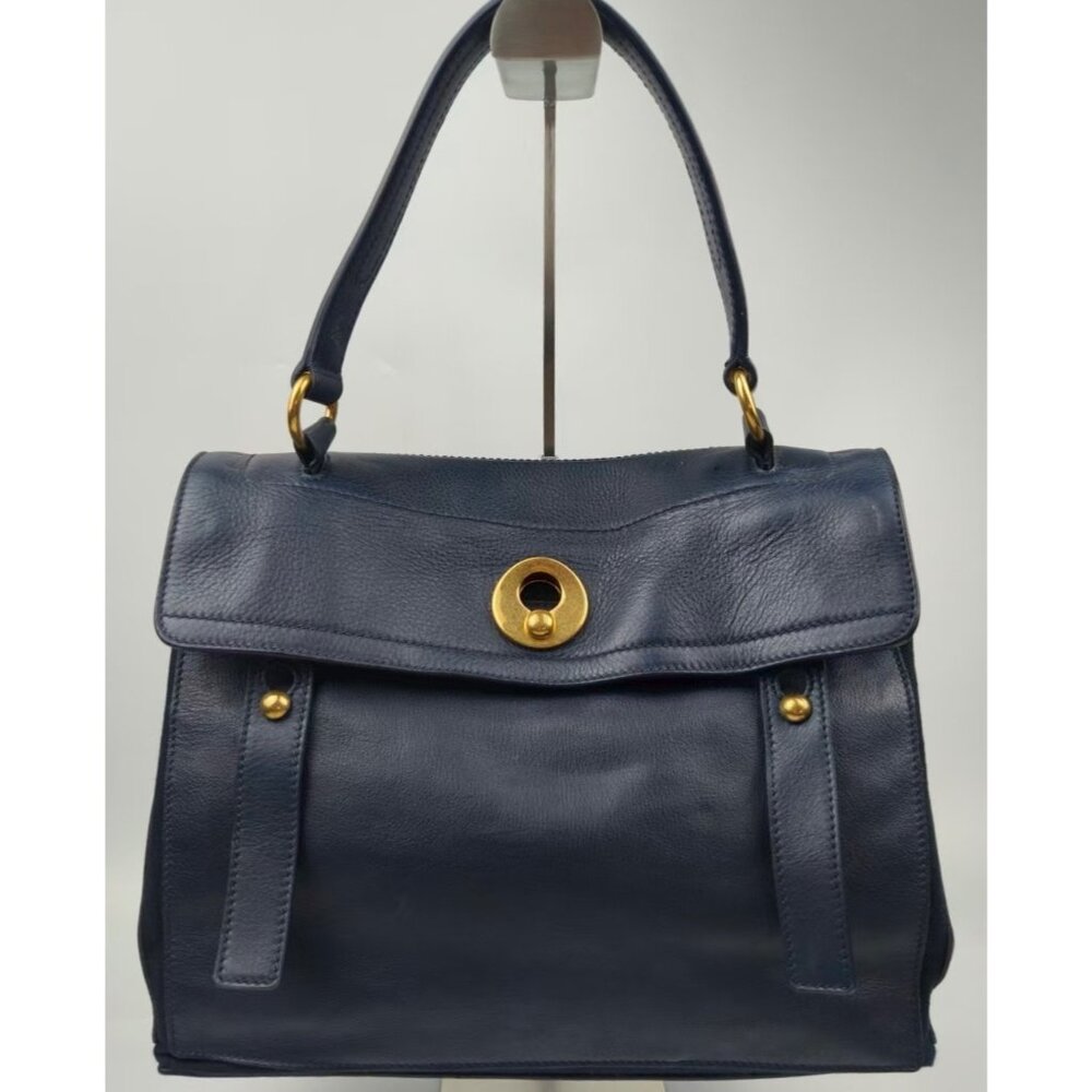 Pre-owned Yves Saint Laurent Calfskin Canvas Medium Muse Two Navy